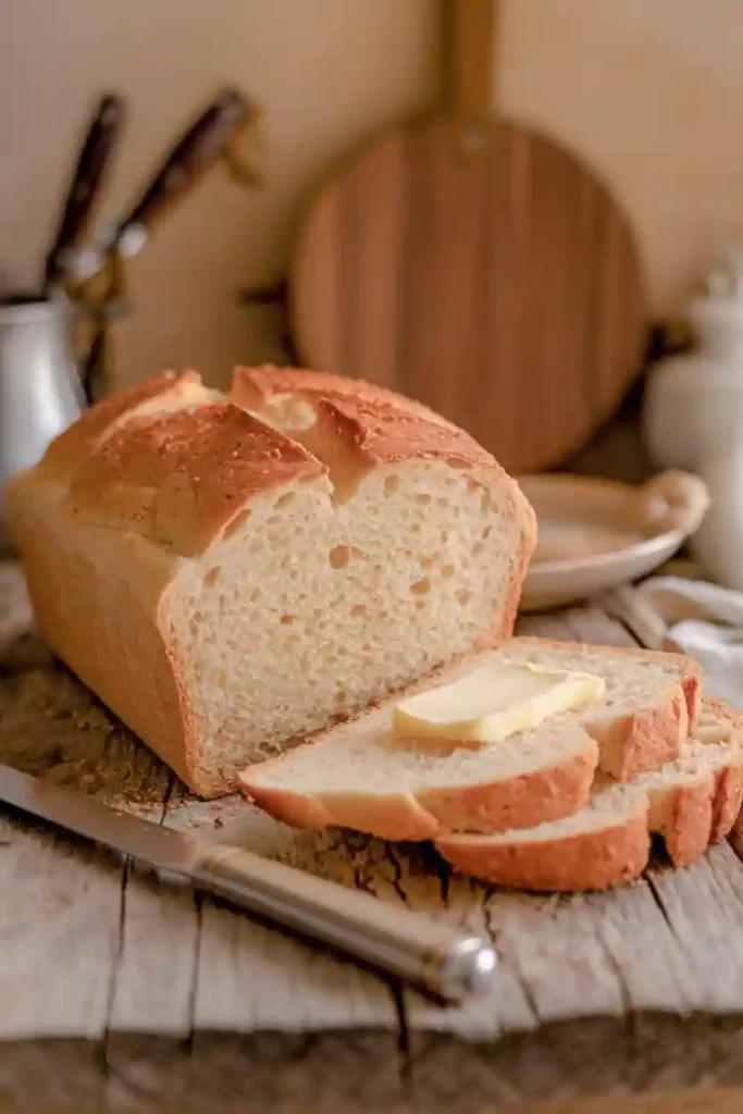 Sliced loaf of Reka bread recipe with butter spread on top.
