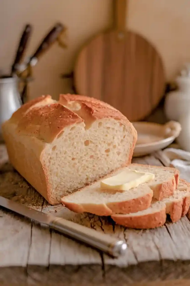 Sliced loaf of Reka bread recipe with butter spread on top.