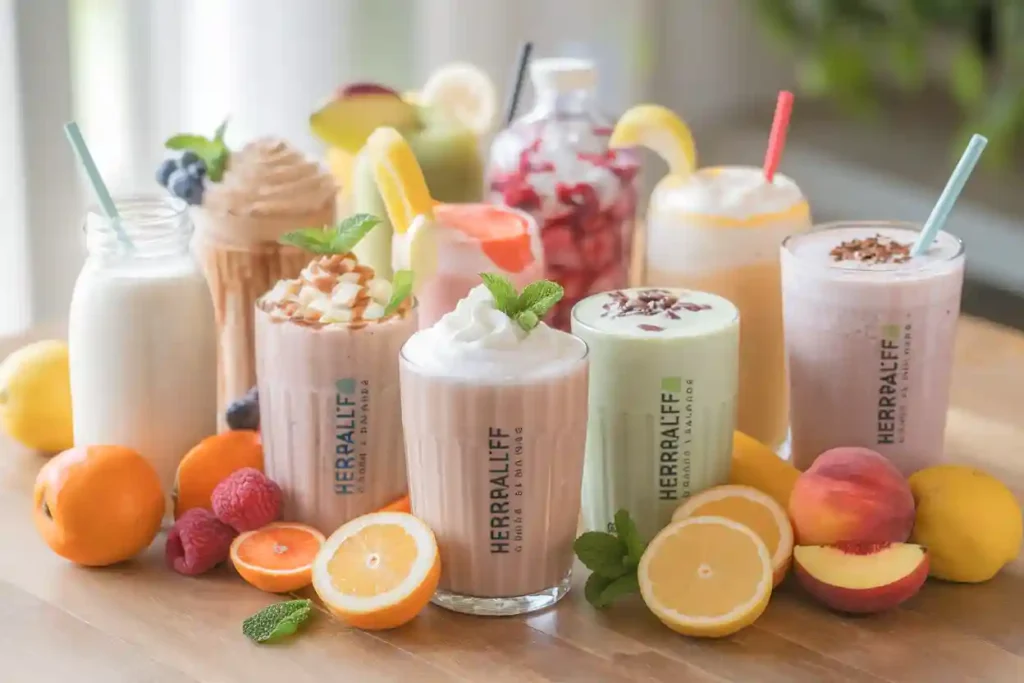 A variety of Herbalife shake recipes including vanilla, chocolate, fruit blends, and protein shakes, showcasing healthy, delicious options.