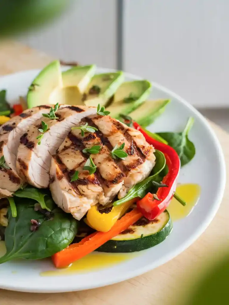 Close-up of a Metaboost recipe featuring grilled chicken (or tofu), colorful veggies, avocado, herbs, and olive oil, shot with a natural, homemade vibe on a rustic wooden surface.